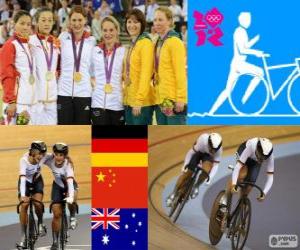 Puzzle Πόντιουμ ποδηλασία κομμάτι ομάδα γυναικών sprint, Kristina Vogel, Miriam Welte (Γερμανία), Jinjie Γκονγκ, Γκούο Shuang (Κίνα) και Kaarle Μακ Κούλοτς, Anna Meares (Αυστραλία) - London 2012-